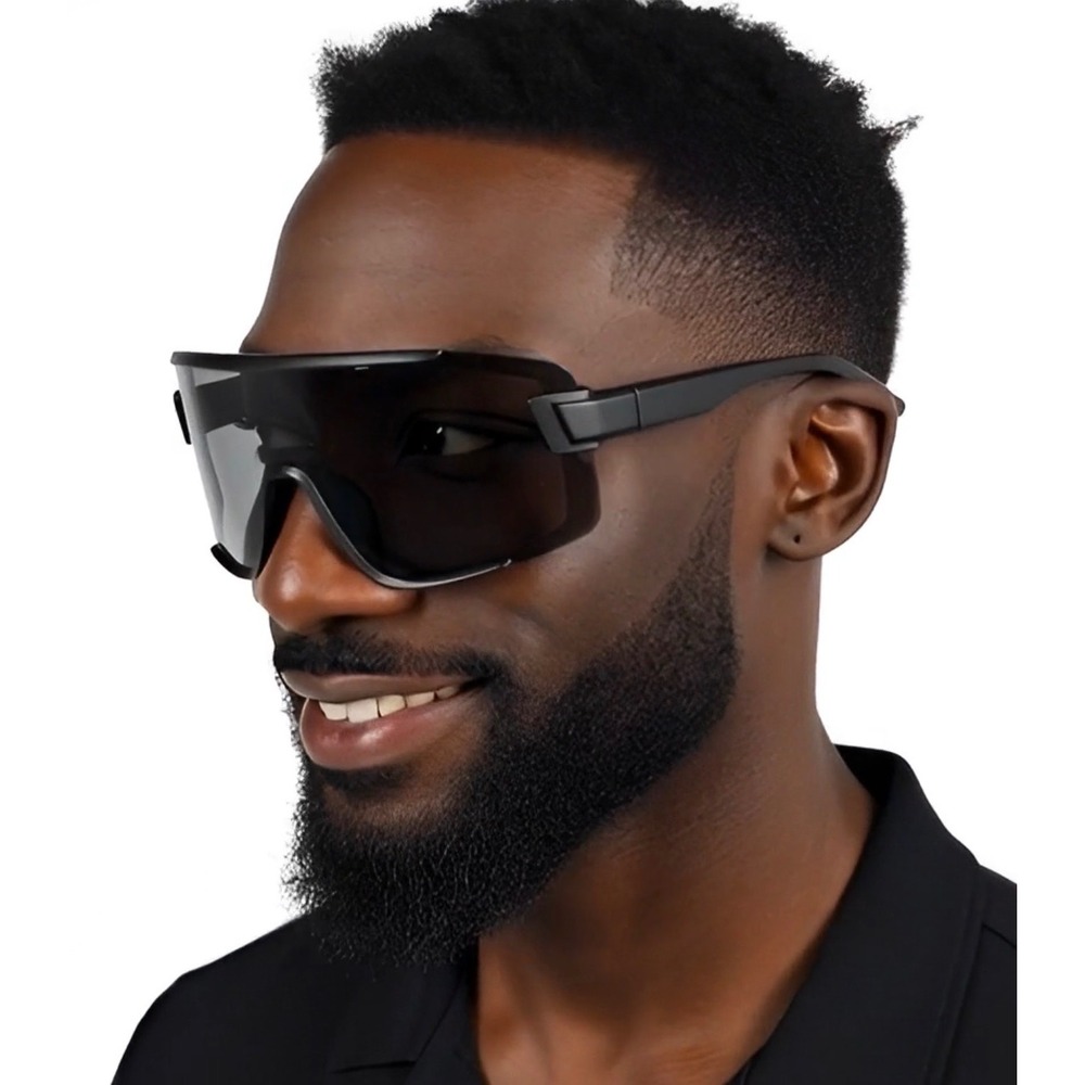 Oversized Shield Sunglasses Dark‎ Black Wrap Around Sporty Futuristic Tech-wear